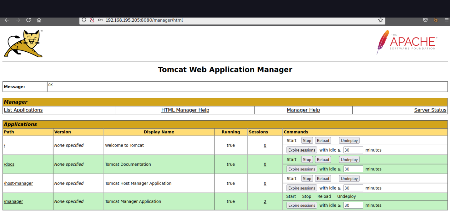 Tomcat Manager interface accessed with default credentials